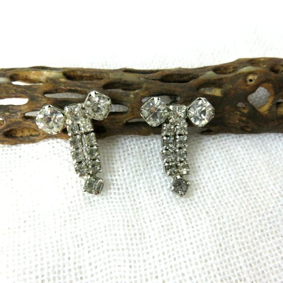 Vintage Screw Back Earrings Crystal Rhinestone Dangle Bowtie Ribbon Unmarked - Picture 9 of 12